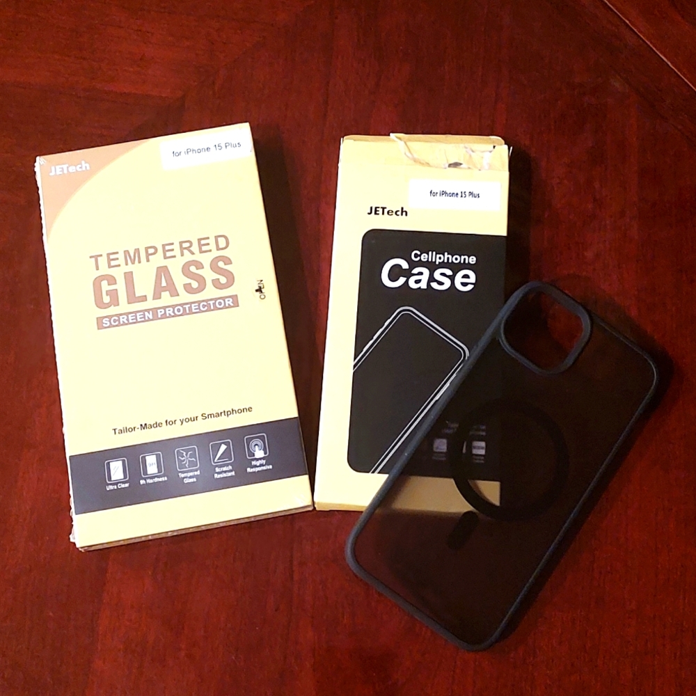 iPhone 15 Plus Black Translucent Case + Tempered Glass Screen Protector